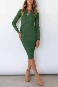 Button Knit Bleted Long Sleeve Slim Dress