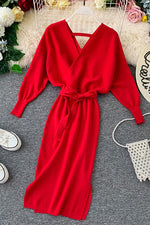 Load image into Gallery viewer, Surplice Wrap Side Slit Sweater Dress
