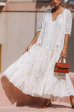 Load image into Gallery viewer, Eyelet Tassels Tiered Maxi Dress
