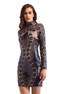 Dark Navy Embroidered Sequined Bodycon Dress With Long Sleeves
