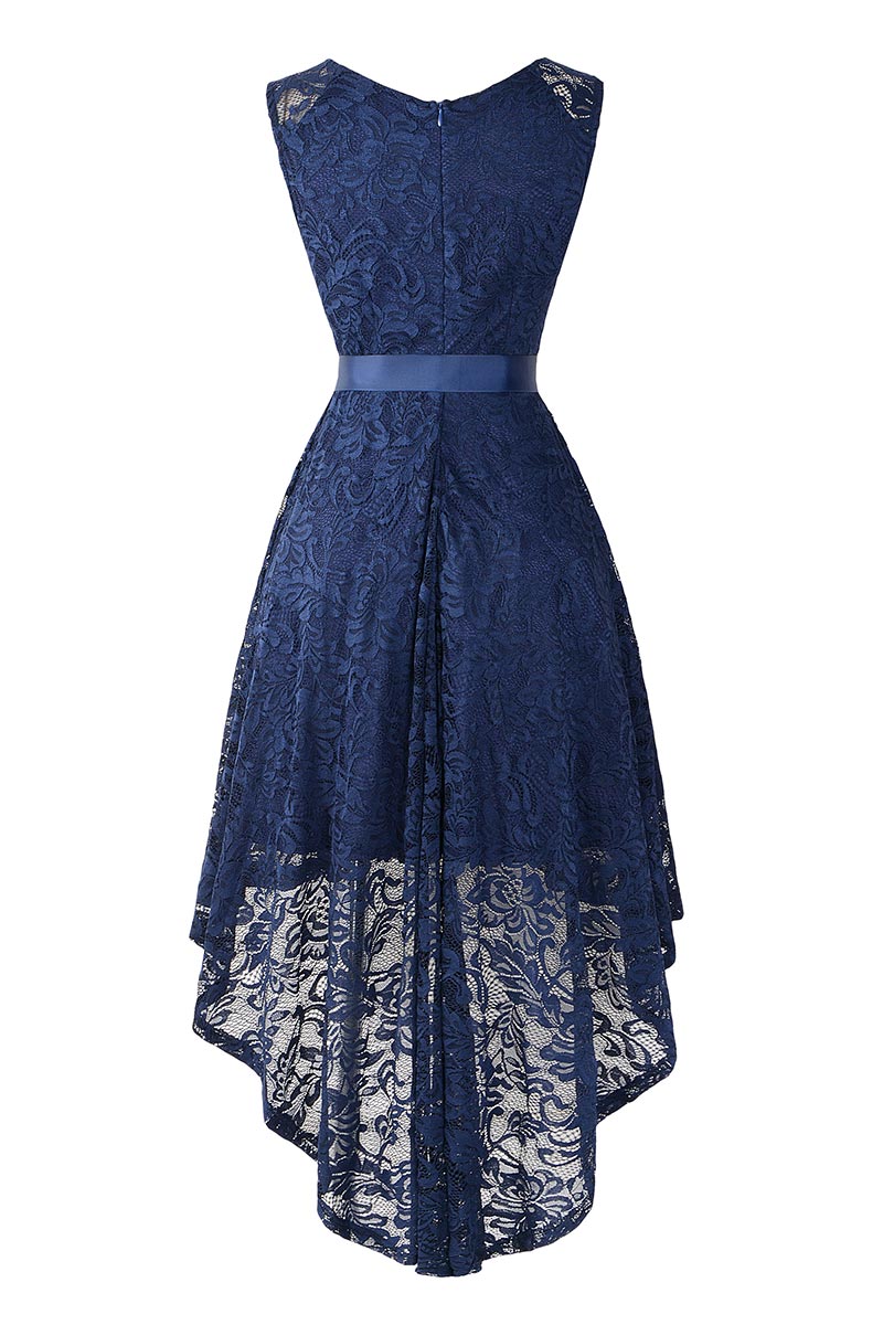 Dark Navy Knot Front High Low Lace Prom Dress