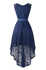 Load image into Gallery viewer, Dark Navy Knot Front High Low Lace Prom Dress
