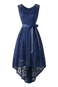 Dark Navy Knot Front High Low Lace Prom Dress