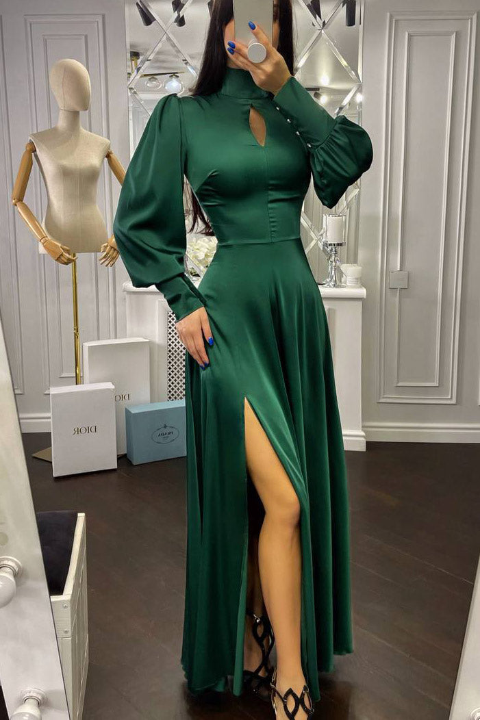 Dark Green Long Sleeves High Neck Evening Dress