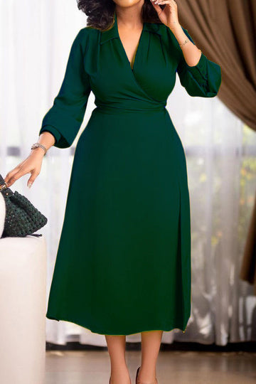 Dark Green Midi V-Neck Semi Formal Dress