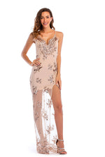 Load image into Gallery viewer, Deep V-Neck Sequined Slit See-through Long Dress
