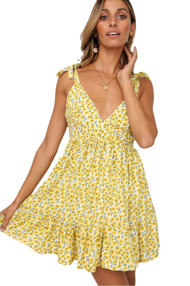 Deep V-neck Yellow Printed A-line Backless Dress