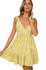 Load image into Gallery viewer, Deep V-neck Yellow Printed A-line Backless Dress
