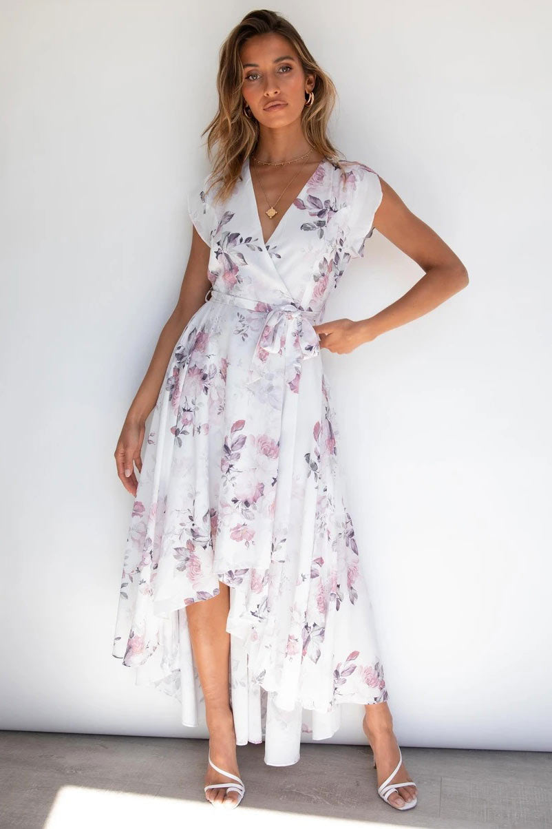 Elegant Printed Short Sleeves High Low Maxi Dress