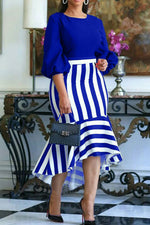 Load image into Gallery viewer, Fashion Royal Blue And White Mermaid High Low Dress
