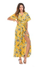 Load image into Gallery viewer, Floral Print V-neck Tie Front Slit Maxi Dress
