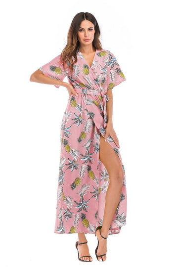 Floral Print V-neck Tie Front Slit Maxi Dress