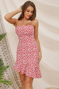 Floral Red Ruffled Asymmetrical Backless Fitted Dress
