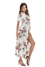 Load image into Gallery viewer, Floral V Neck Thigh-high Slit Lace-up Dress
