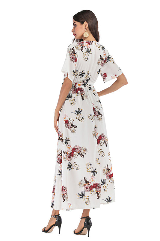 Floral V Neck Thigh-high Slit Lace-up Dress