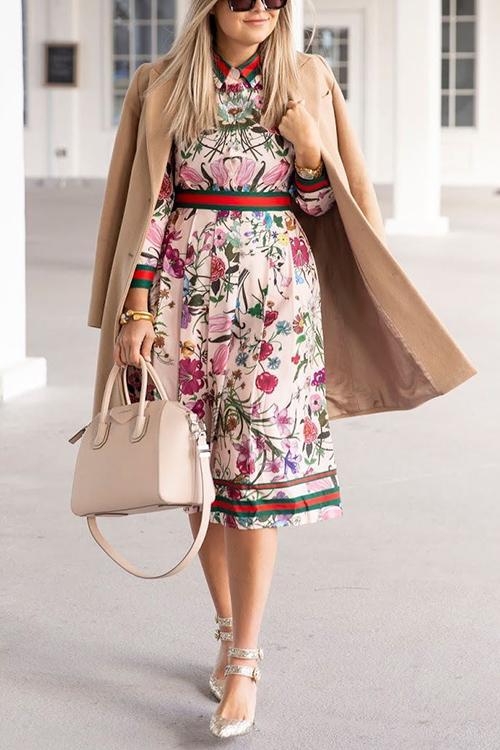 Button Floral Print Long Sleeve Pleated Dress