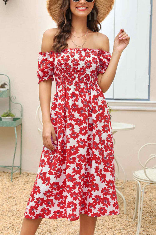 Floral Print Side Slit Smocked Dress