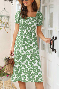 Floral Print Side Slit Smocked Dress