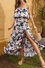 Load image into Gallery viewer, Floral Strapless Slit Ruffled Chiffon Dress
