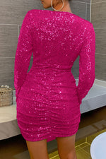 Load image into Gallery viewer, Fuchsia Long Sleeve Sequins Bodycon Party Dress
