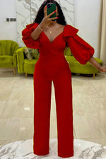 Load image into Gallery viewer, Fuchsia V-neck Long Sleeve Jumpsuit

