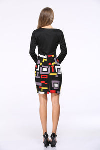 Geometric Print Zipper Front Color-block Dress