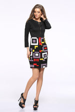 Load image into Gallery viewer, Geometric Print Zipper Front Color-block Dress
