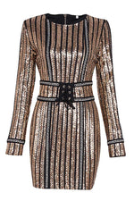 Load image into Gallery viewer, Gold Sequin Short Bodycon Dress With Long Sleeves

