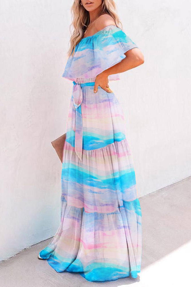 Gorgeous Blue Off-the-Shoulder Print Maxi Dresses