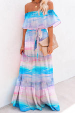 Load image into Gallery viewer, Gorgeous Blue Off-the-Shoulder Print Maxi Dresses
