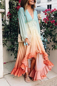 Gradient Color Ruffled High Low Maxi Dress