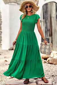 Green A-Line Cap Sleeves Maxi Dress