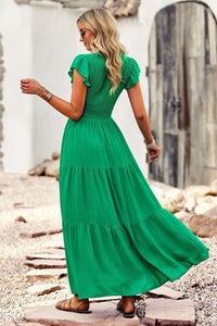 Green A-Line Cap Sleeves Maxi Dress
