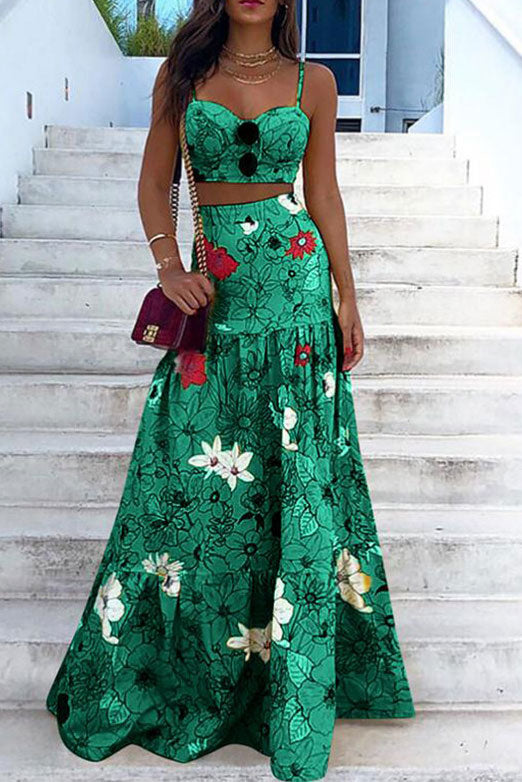 Chic Green Print Sleeveless Two Piece Dresses