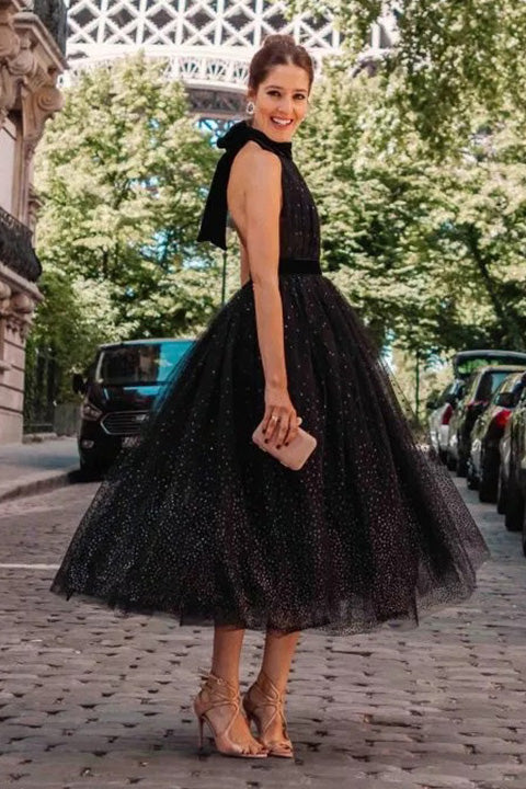 Black Halter Backless Lace-up A-line Dress
