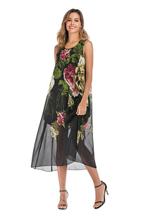 Floral Print Loose Scoop Chiffon Casual Maxi Dress