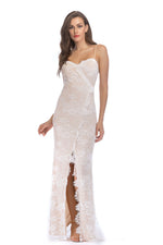 Load image into Gallery viewer, Ivory Lace Spaghetti Straps Backless Slit Bodycon Prom Dress
