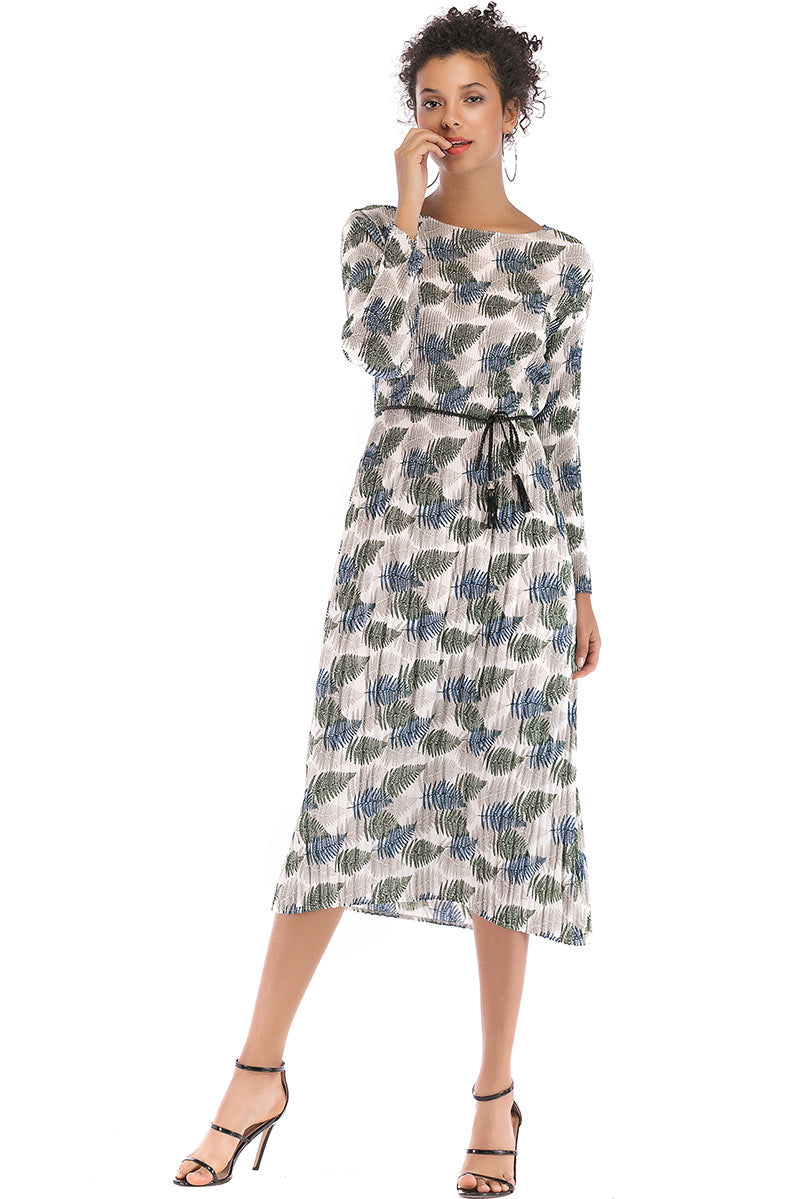 Leafy Print Long Sleeve Chiffon Dress