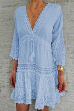 Load image into Gallery viewer, Light Sky Blue V-Neck Lace Mini Dress
