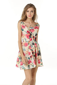 Little Fresh Floral Print Sleeveless Ruched Short Dress