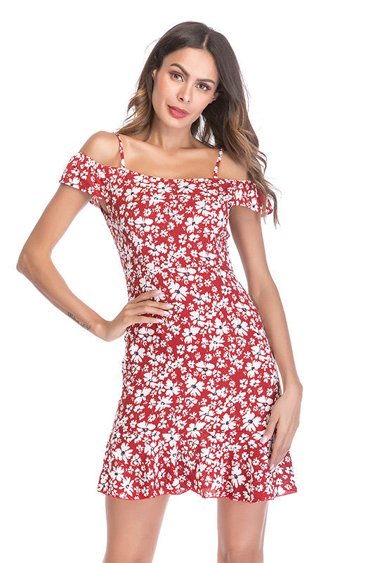 Little Fresh Floral Ruffled Off-the-shoulder Casual Dress