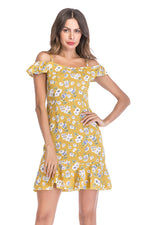 Load image into Gallery viewer, Little Fresh Floral Ruffled Off-the-shoulder Casual Dress
