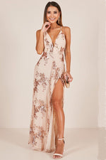 Load image into Gallery viewer, Long Sequined V-neck Crisscross Thigh-high Slit Prom Dress
