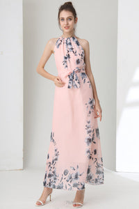 Long Pink Print Sleeveless Prom Gown Evening Dress