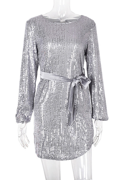 Long Sleeve Boat Neck Sequined Party Mini Dress