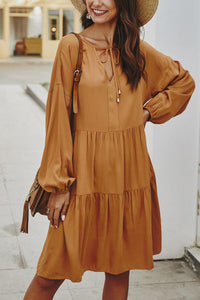 Loose Tie Neck Ruffled Dress With Long Sleeves