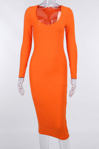 Mid Length Orange Long Sleeve Bodycon Dress