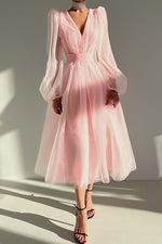 Load image into Gallery viewer, V Neck Tulle Long Sleeve Midi Dress
