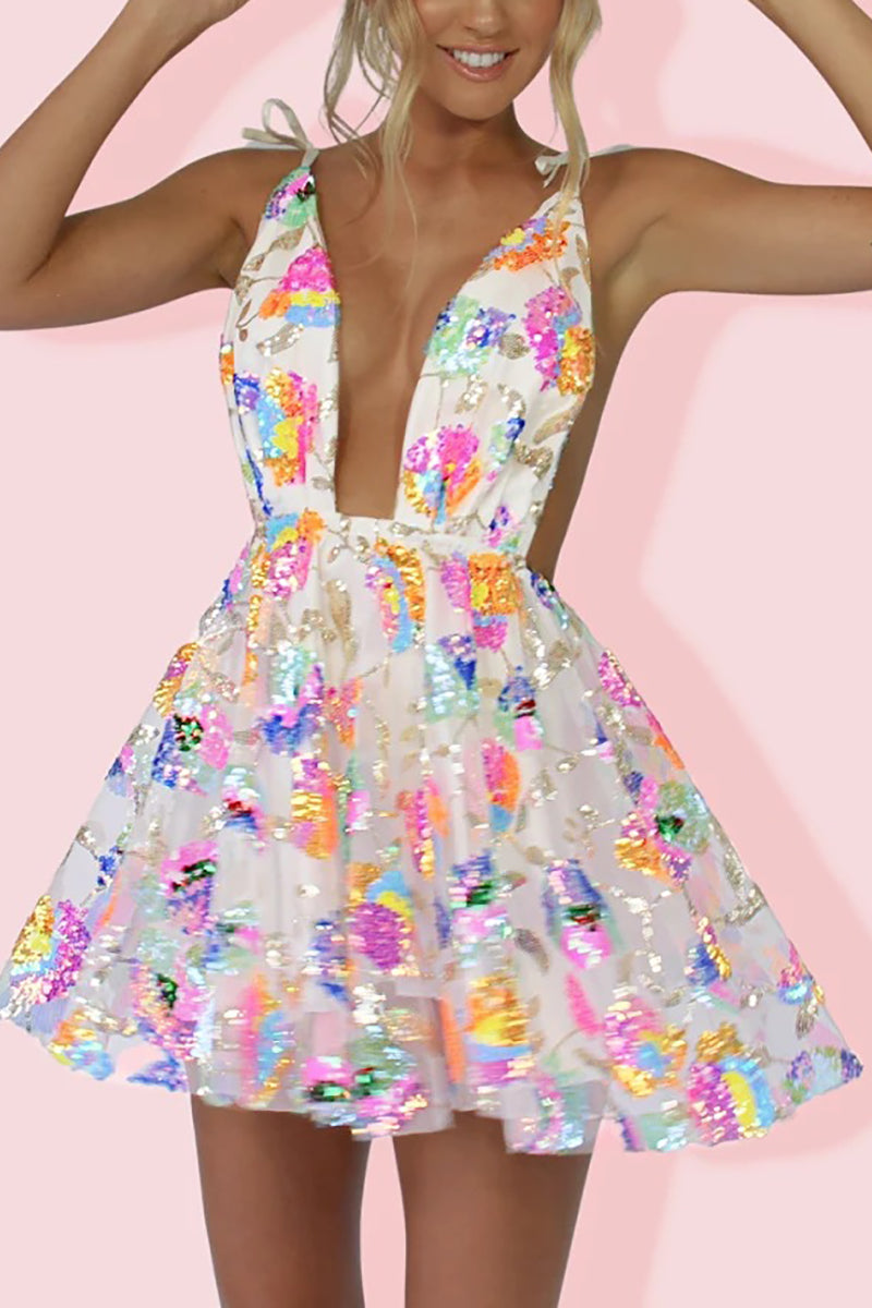 Rainbow Sequin Open Back Slip Mini Dress