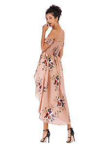 Off-the-shoulder Asymmetrical Hem Shirred Floral Dress